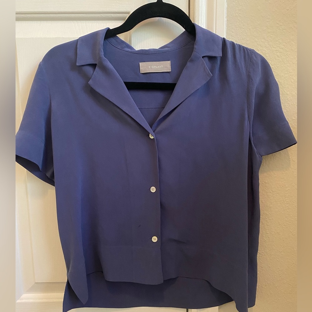 Everlane 100% Silk Short Sleeve Shirt Blue Size 00 Orig $140